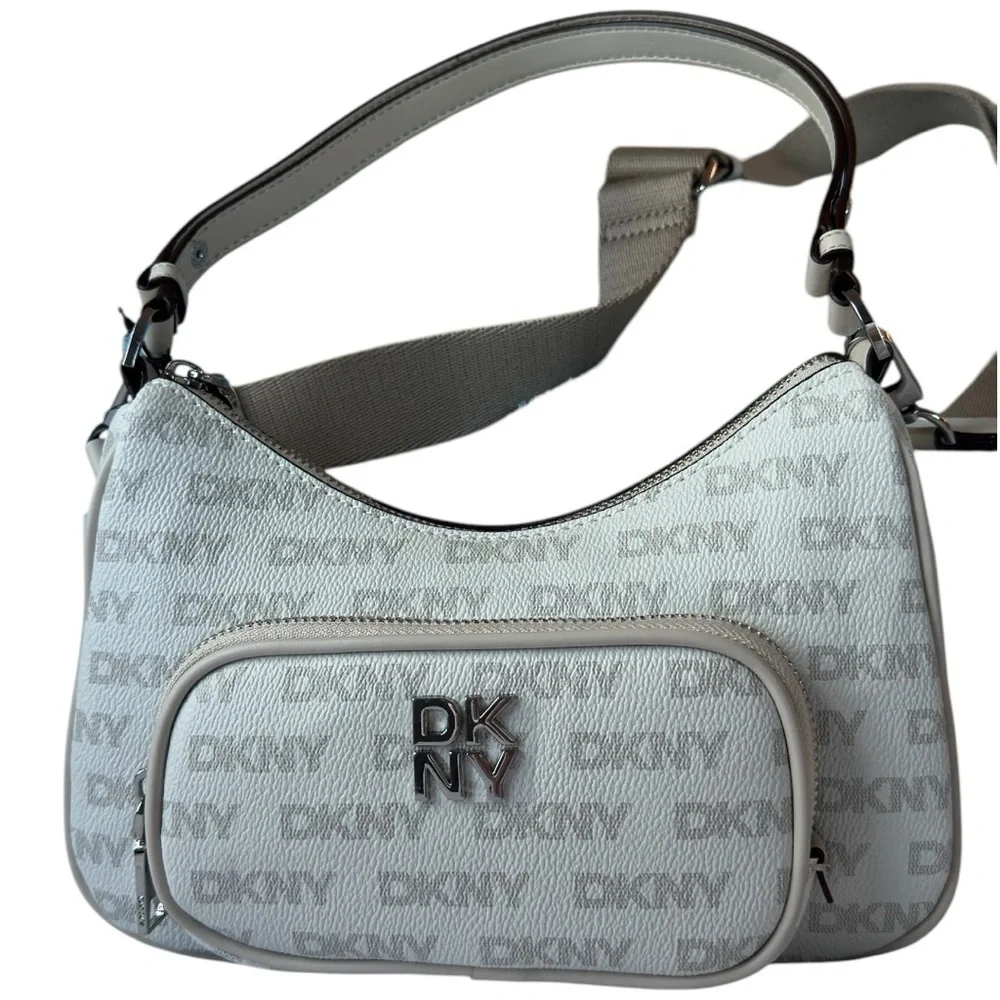 DKNY Gray Shoulder Bag with Text Pattern MSRP 178.00
